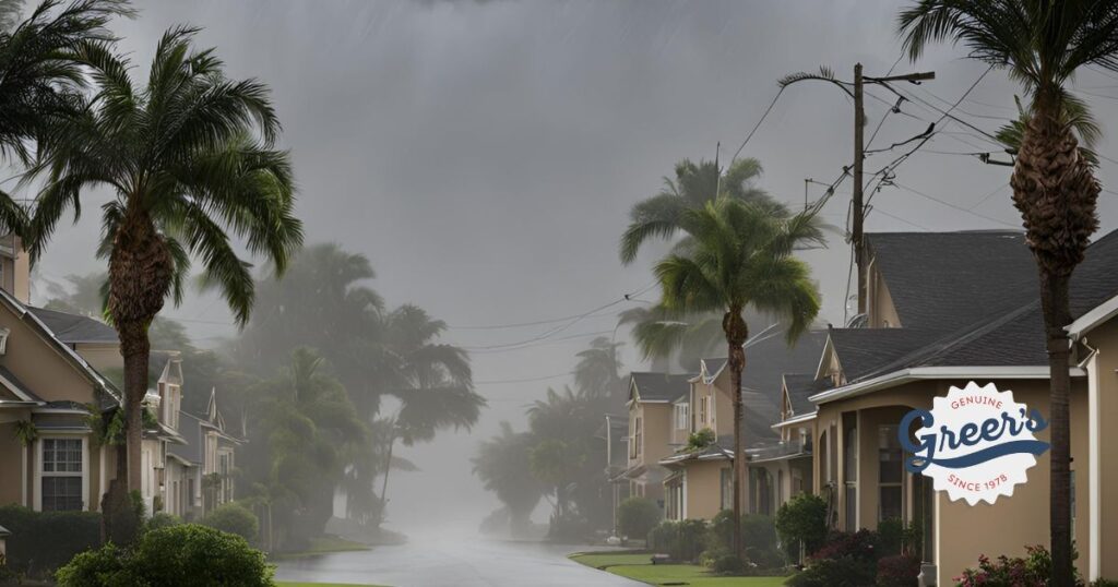 Hurrican Season - neighborhood with high wins and blowing rain - Greer's Heating & Air